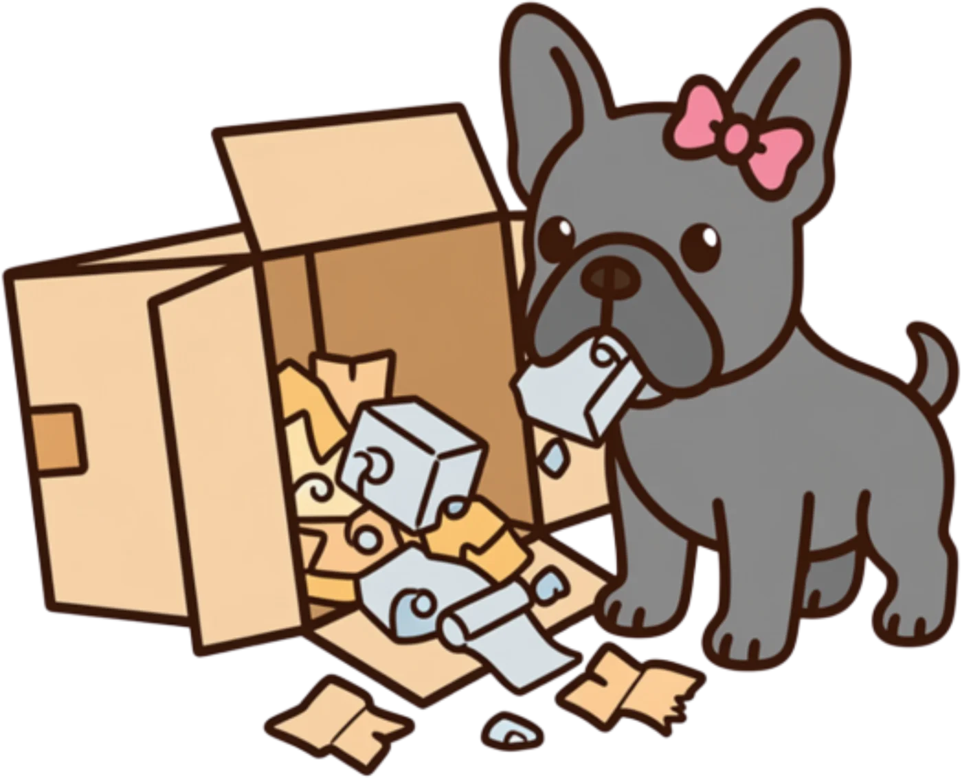 French bulldog with a pink bow pulling packing paper out of a box