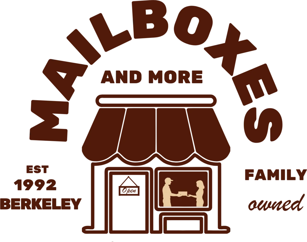 Mailboxes and More logo: a little storefront with a striped awning. Est 1992, Berkeley. Family owned.